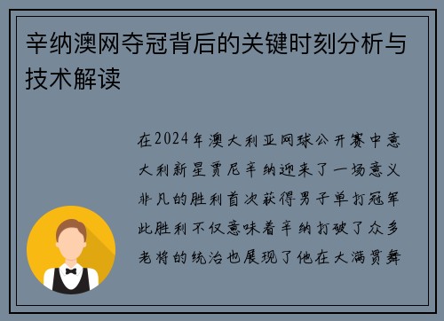 辛纳澳网夺冠背后的关键时刻分析与技术解读 辛纳澳网夺冠背后的关键时刻分析与技术解读