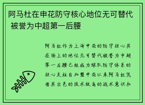 阿马杜在申花防守核心地位无可替代 被誉为中超第一后腰 阿马杜在申花防守核心地位无可替代 被誉为中超第一后腰