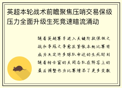 英超本轮战术前瞻聚焦压哨交易保级压力全面升级生死竞速暗流涌动